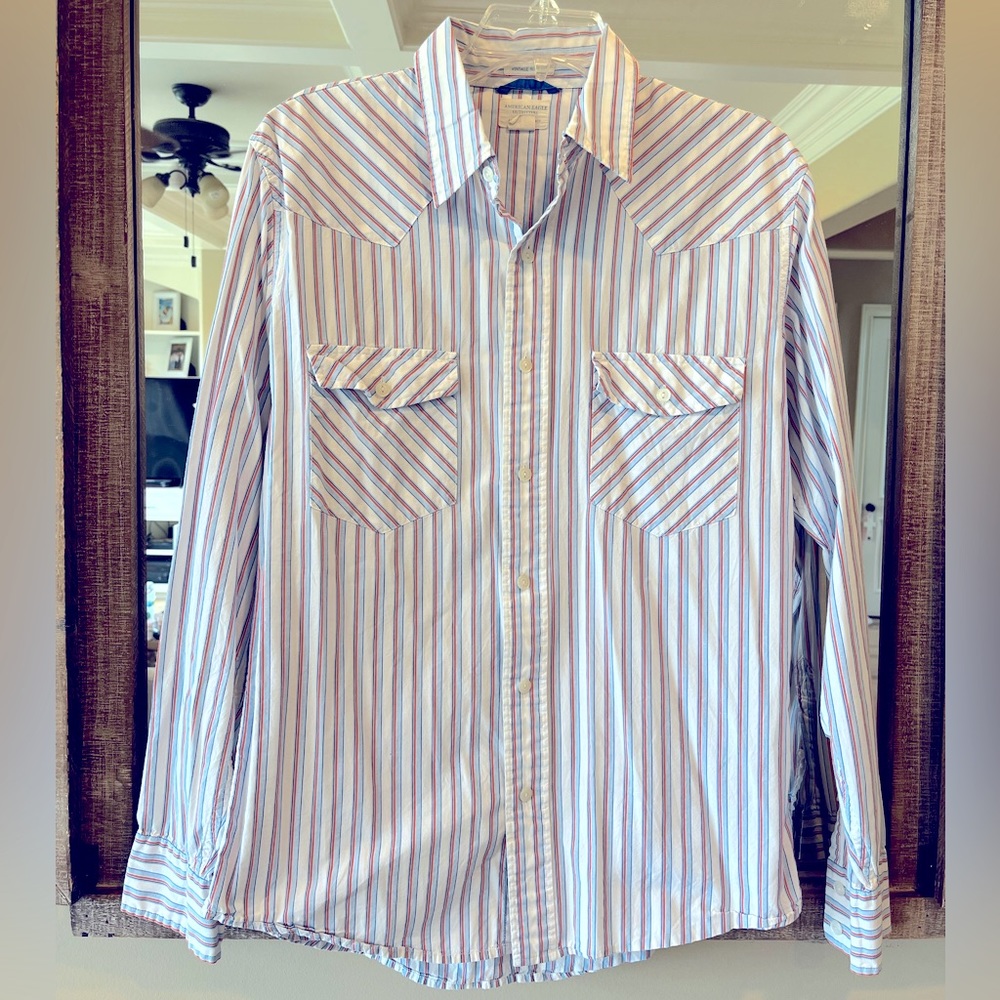 American Eagle Vintage Slim Fit Button Down Front White Blue Stripe Cotton Men M
